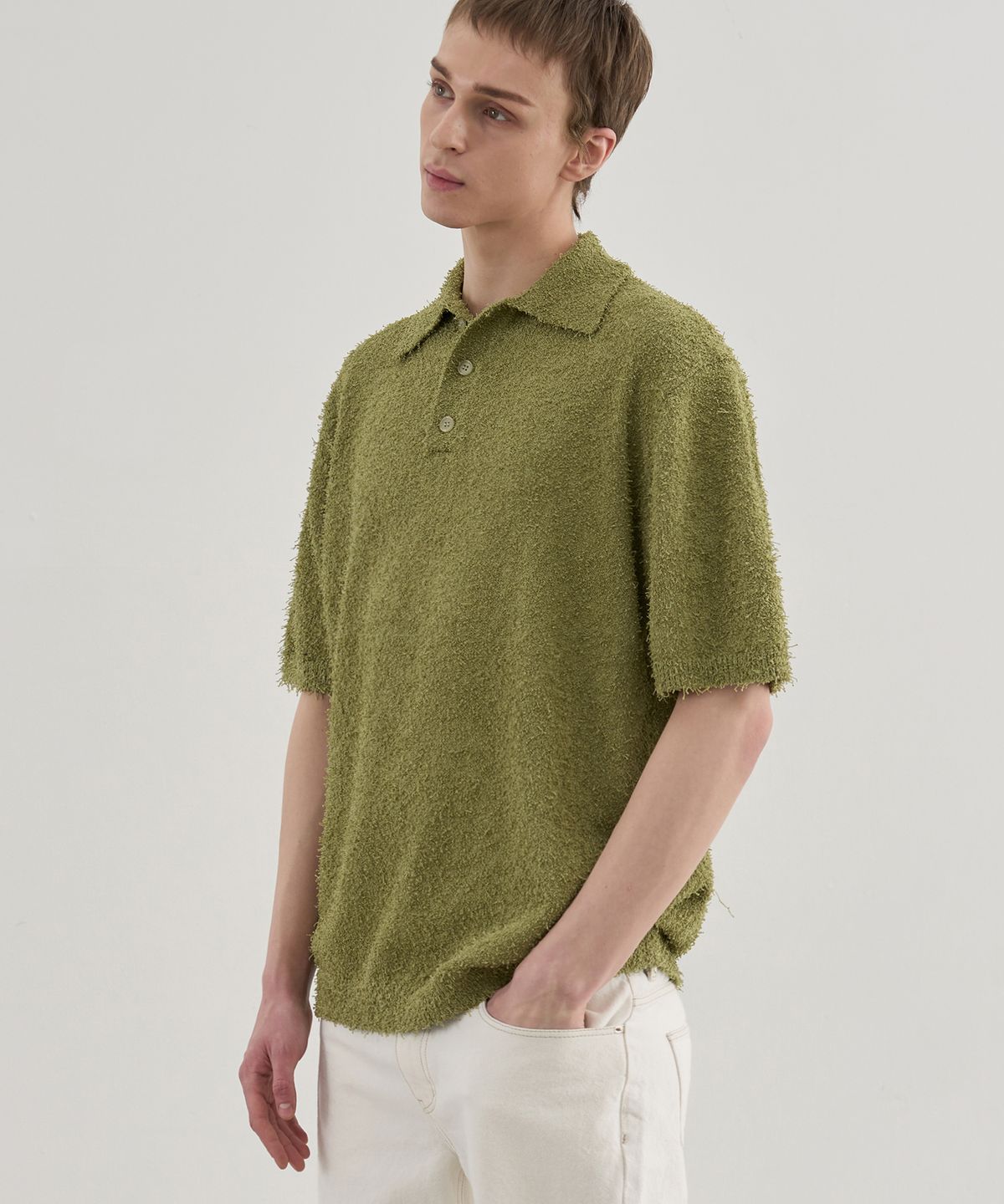 드로우핏(DRAW FIT) 프린지 카라 반팔 니트 [OLIVE GREEN]