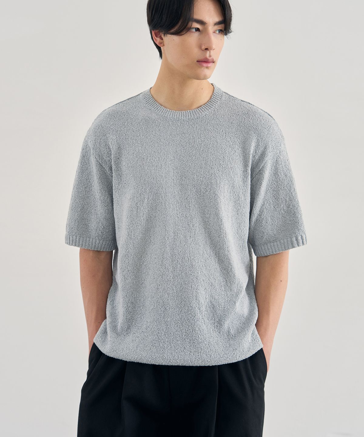 드로우핏(DRAW FIT) 에어리 부클 라운드 반팔 니트 [M.GREY]