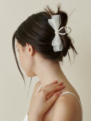 romantic double ribbon silver claw - cream