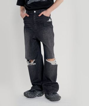 디스트레스드 배기 데님 팬츠