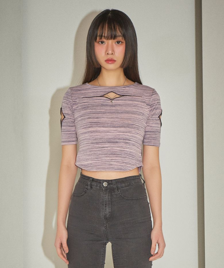 Stripe Glitter Slit Crop T-shirt (Pink)