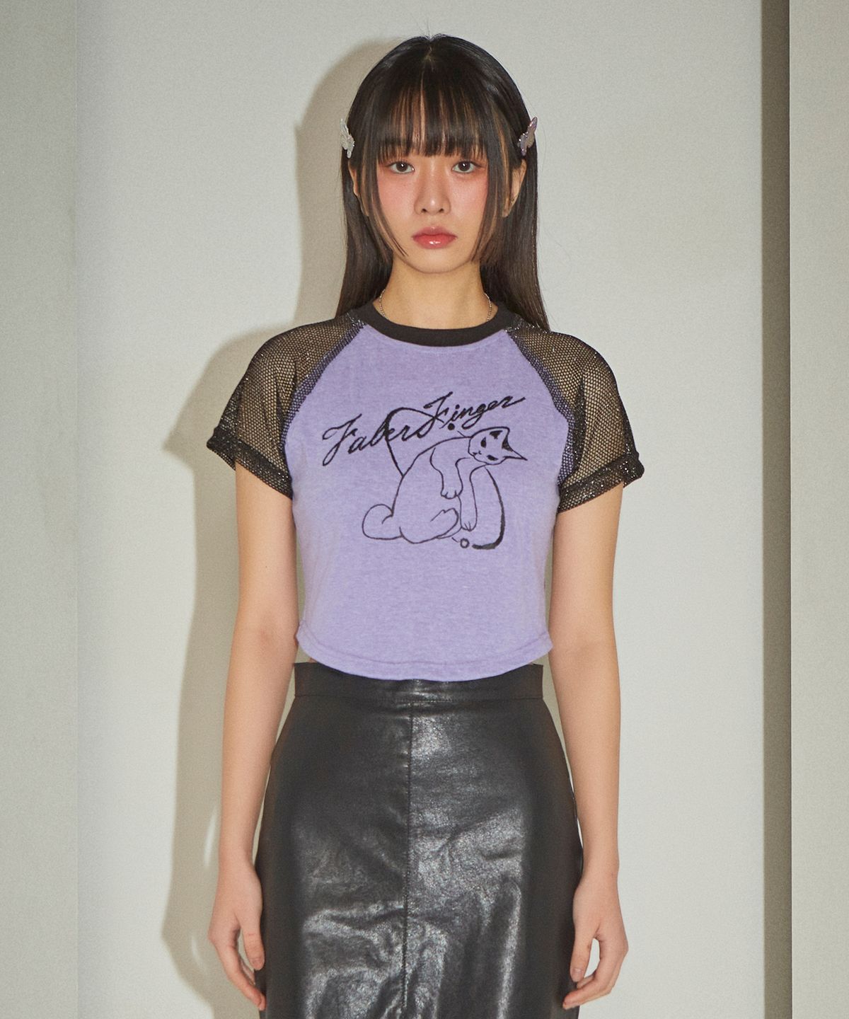 파베르핑거(FABER FINGER) Cat Mash Raglan Sleeve T-shirt (Lavender)