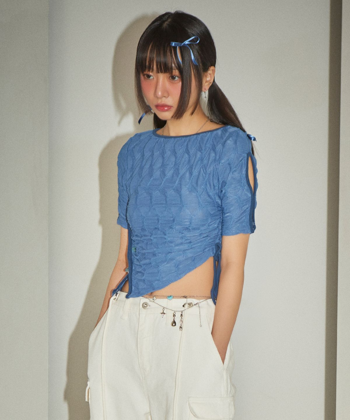 파베르핑거(FABER FINGER) Laced Wrinkle String T-Shirt (Blue)