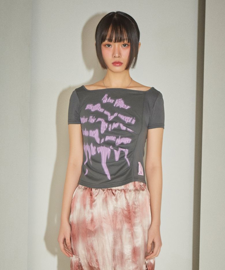 Wave Print Shirring T-Shirt (Charcoal)