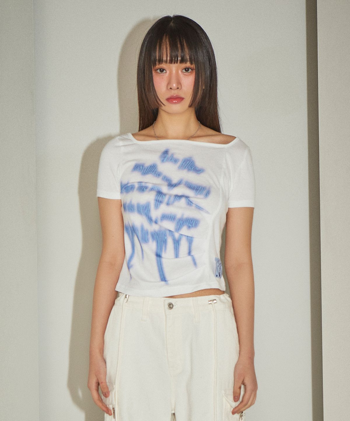 파베르핑거(FABER FINGER) Wave Print Shirring T-Shirt (Ivory)