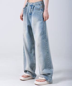 BUCKLE WIDE DENIM PANTS WASHING LIGHT BLUE
