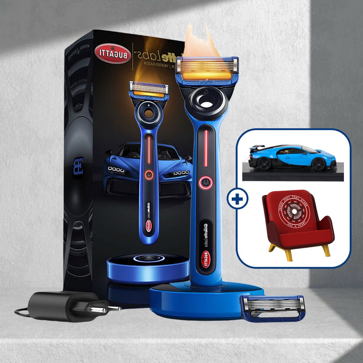 질레트(GILLETTE) 랩스 히티드 레이저 부가티 에디션 (핸들 +2입+충전독) + 부가티 토이카 + 아이언맨 무선충전기(한정수량 140개) [G115][S631][S340]