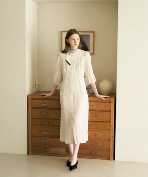 시어서커 셔링 롱 드레스 - 아이보리