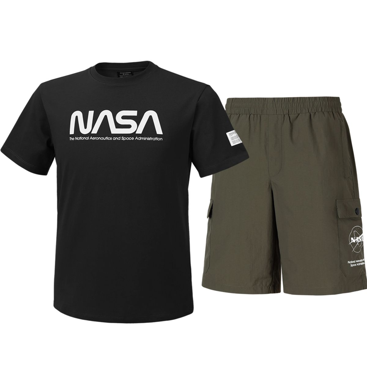 나사(NASA) 남녀공용 트레이닝 면혼방 반팔티+우븐 5부 반바지 상하세트 [블랙+다크카키]