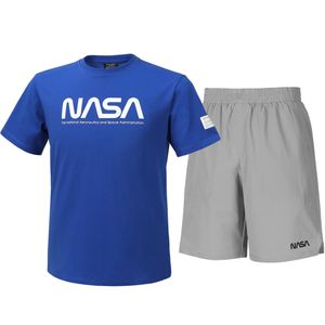 남녀공용 트레이닝 면혼방 반팔티+우븐 5부 반바지 상하세트 [블루+라이트그레이]