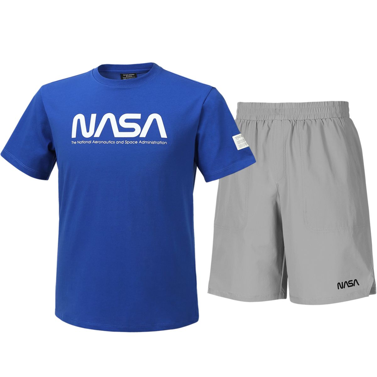 나사(NASA) 남녀공용 트레이닝 면혼방 반팔티+우븐 5부 반바지 상하세트 [블루+라이트그레이]