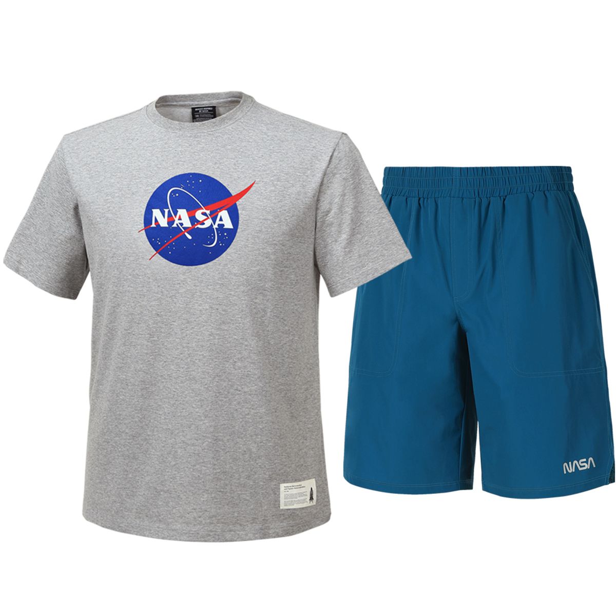 나사(NASA) 남녀공용 트레이닝 면혼방 반팔티+우븐 5부 반바지 상하세트 [라이트멜란지+그린블루]
