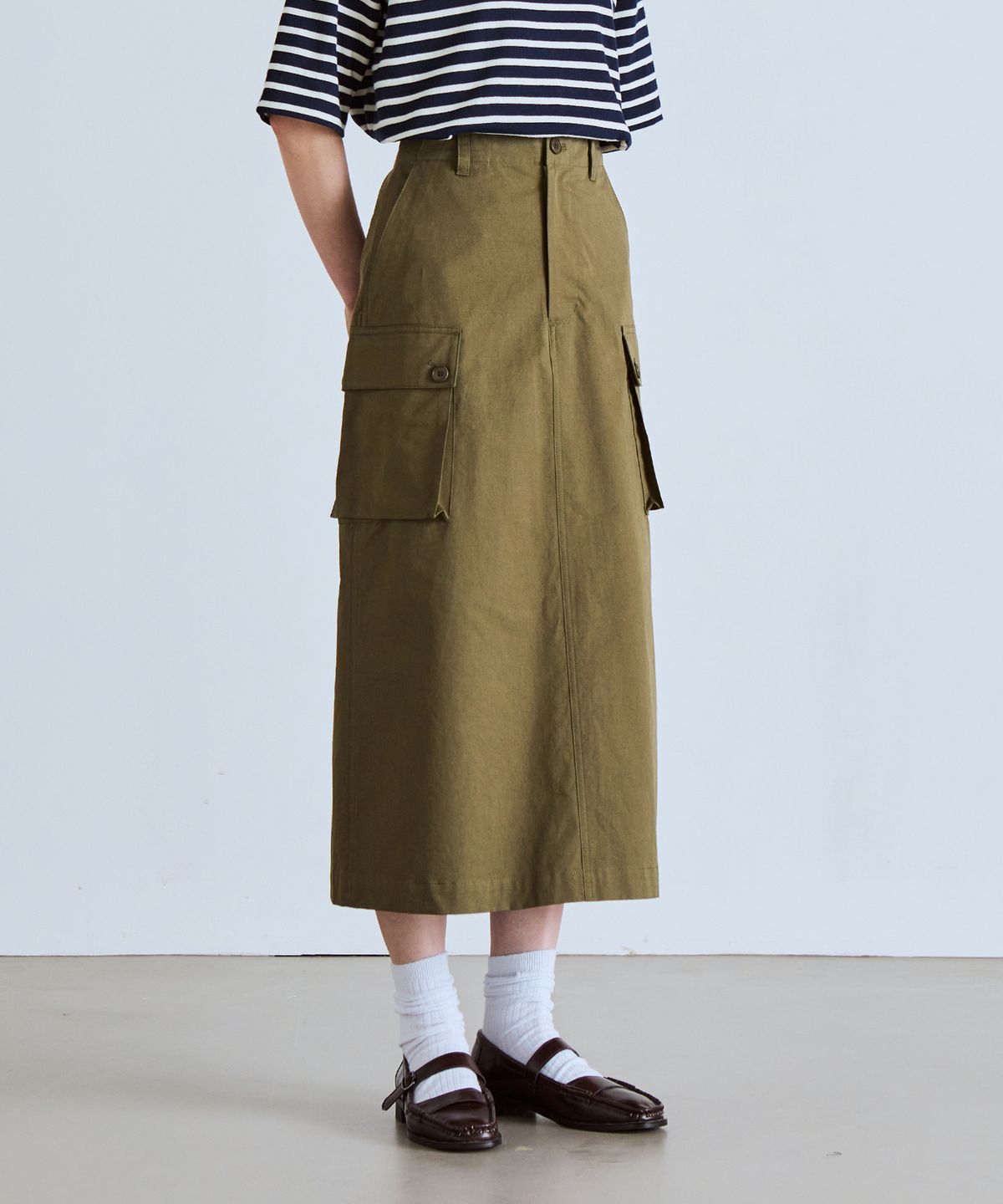 유니폼브릿지(UNIFORM BRIDGE) cargo long skirt(womens) olive