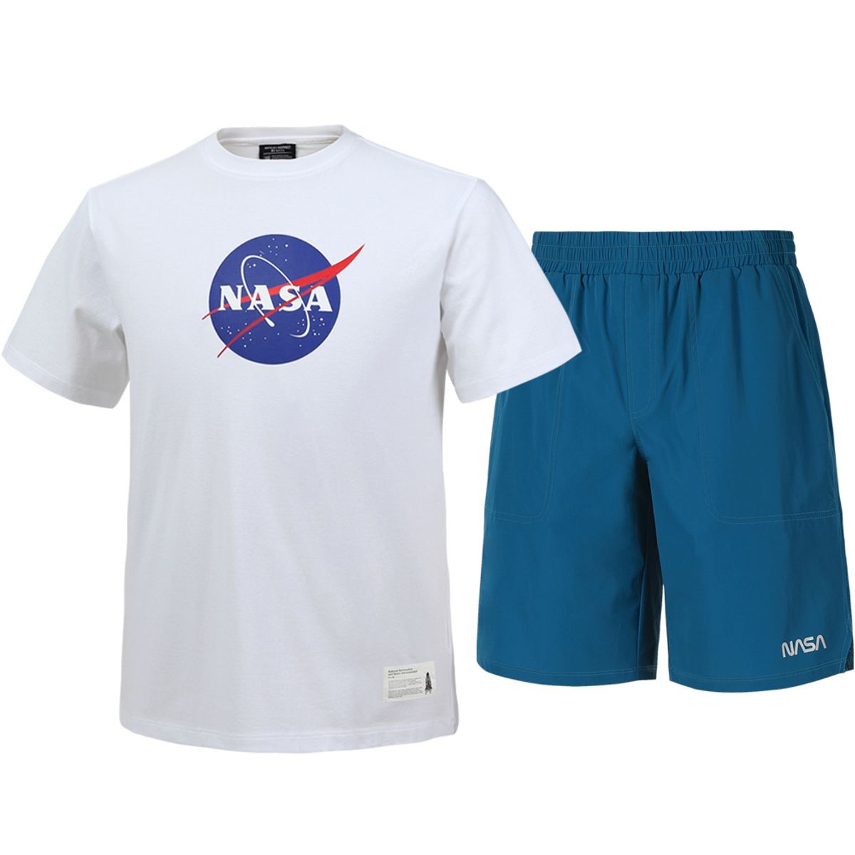 나사(NASA) 남녀공용 트레이닝 면혼방 반팔티+우븐 5부 반바지 상하세트 [화이트+그린블루]