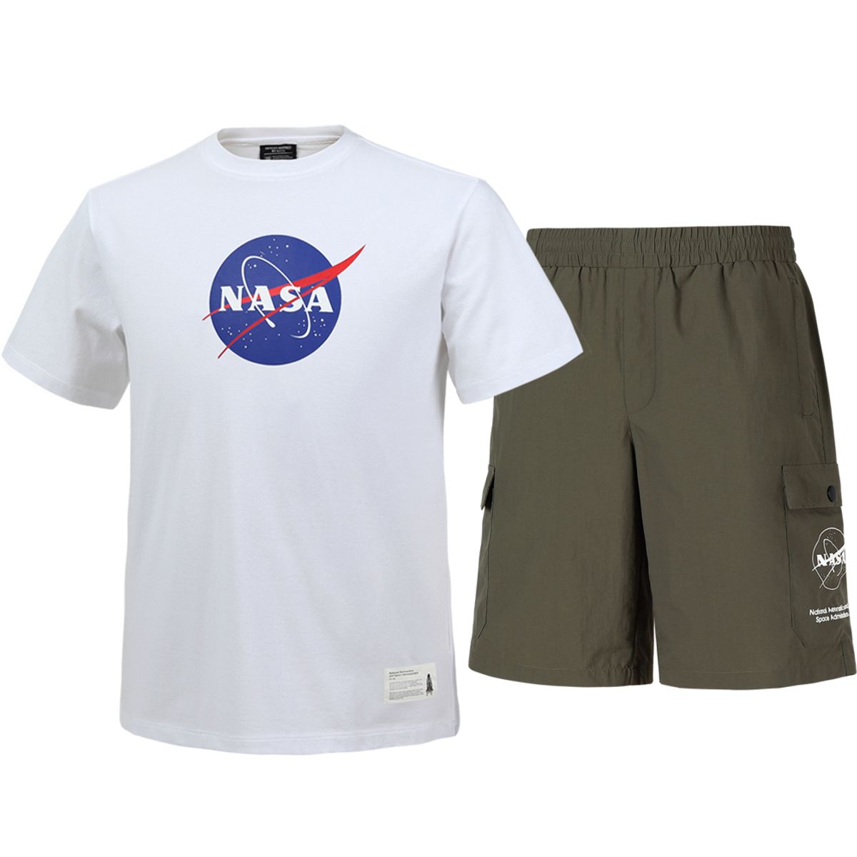 나사(NASA) 남녀공용 트레이닝 면혼방 반팔티+우븐 5부 반바지 상하세트 [화이트+다크카키]