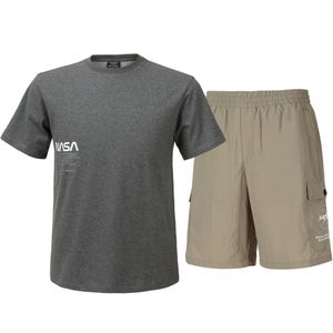 남녀공용 트레이닝 면혼방 반팔티+우븐 5부 반바지 상하세트 [차콜+베이지]