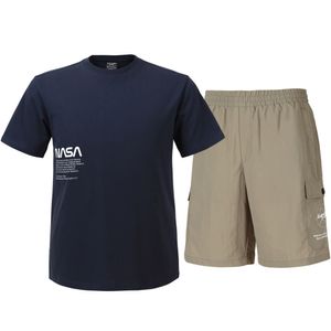 남녀공용 트레이닝 면혼방 반팔티+우븐 5부 반바지 상하세트 [네이비+베이지]