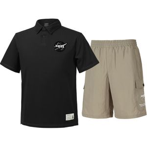 남녀공용 트레이닝 면 카라티 반팔티+우븐 5부 반바지 상하세트 [블랙+베이지]