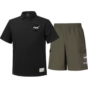 남녀공용 트레이닝 면 카라티 반팔티+우븐 5부 반바지 상하세트 [블랙+다크카키]