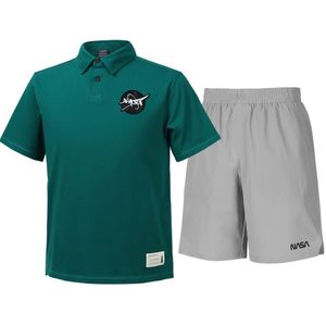 남녀공용 트레이닝 면 카라티 반팔티+우븐 5부 반바지 상하세트 [그린+라이트그레이]