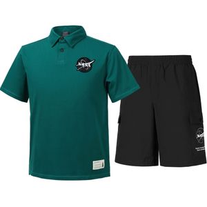 남녀공용 트레이닝 면 카라티 반팔티+우븐 5부 반바지 상하세트 [그린+블랙]