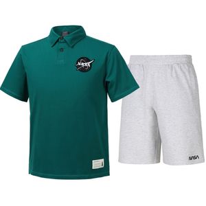 남녀공용 트레이닝 면 카라티 반팔티+5부 면반바지 상하세트 [그린+멜란지화이트]