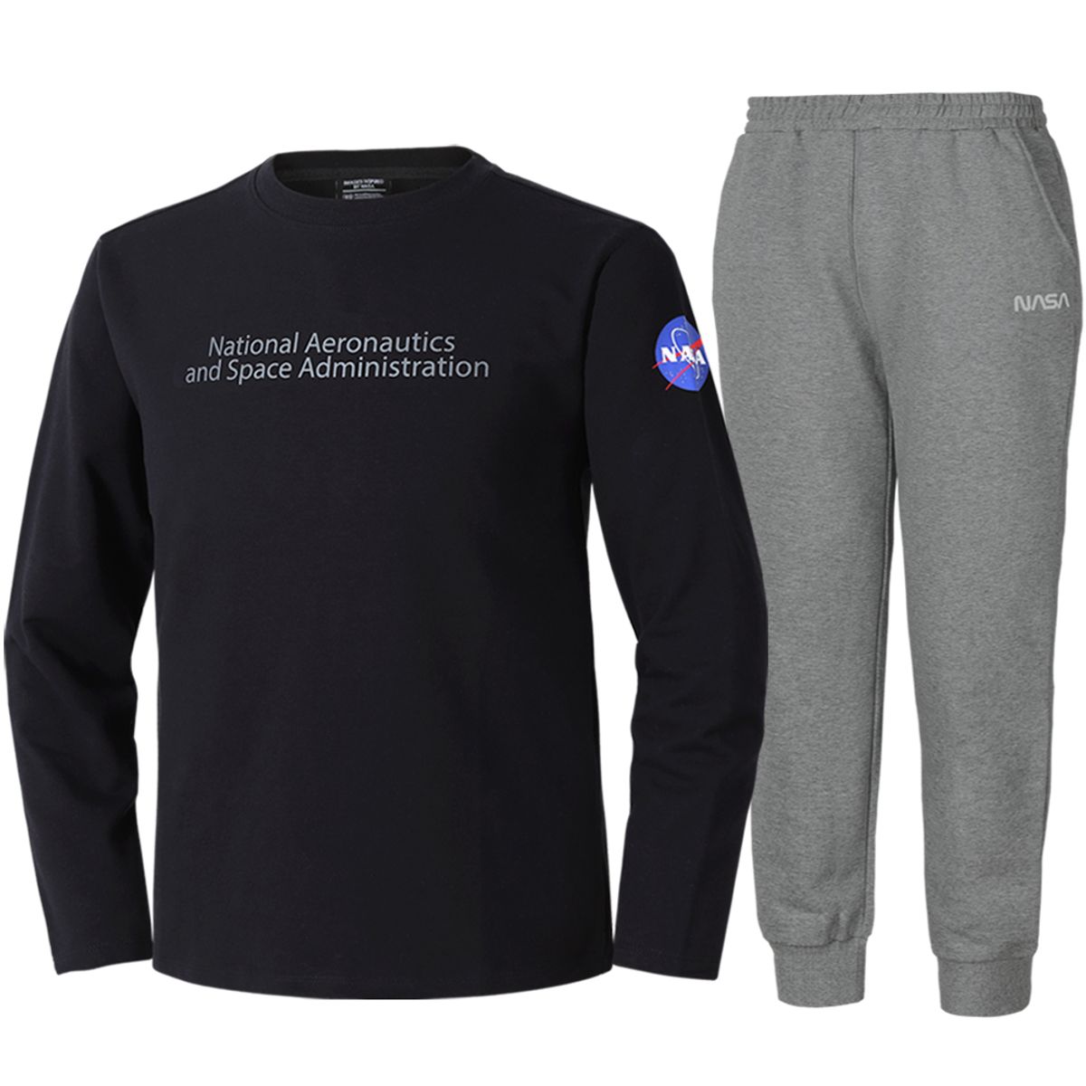 나사(NASA) 남녀공용 크루넥 긴팔티셔츠+조거팬츠 상하세트 [블랙+멜란지그레이]