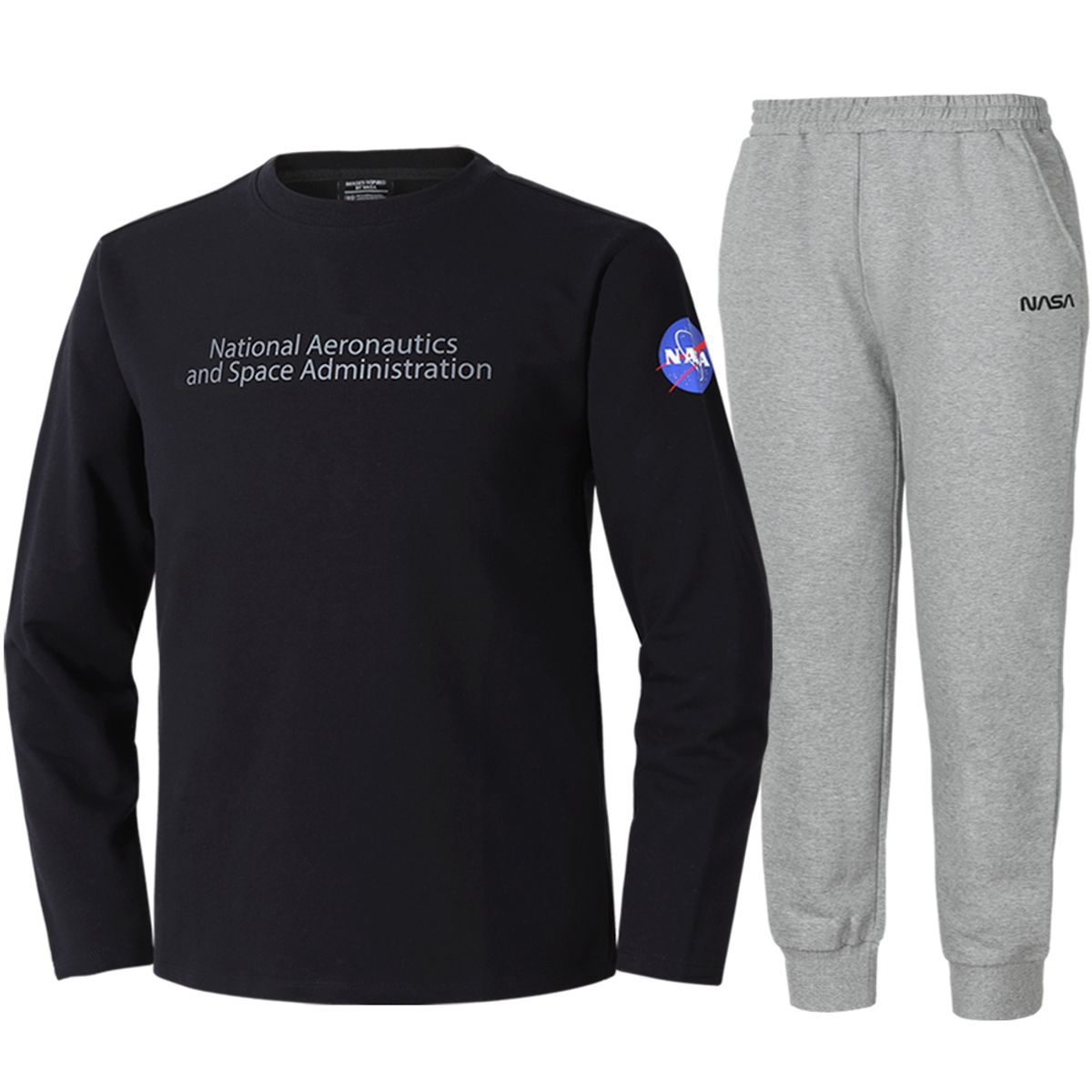 나사(NASA) 남녀공용 크루넥 긴팔티셔츠+조거팬츠 상하세트 [블랙+라이트멜란지]
