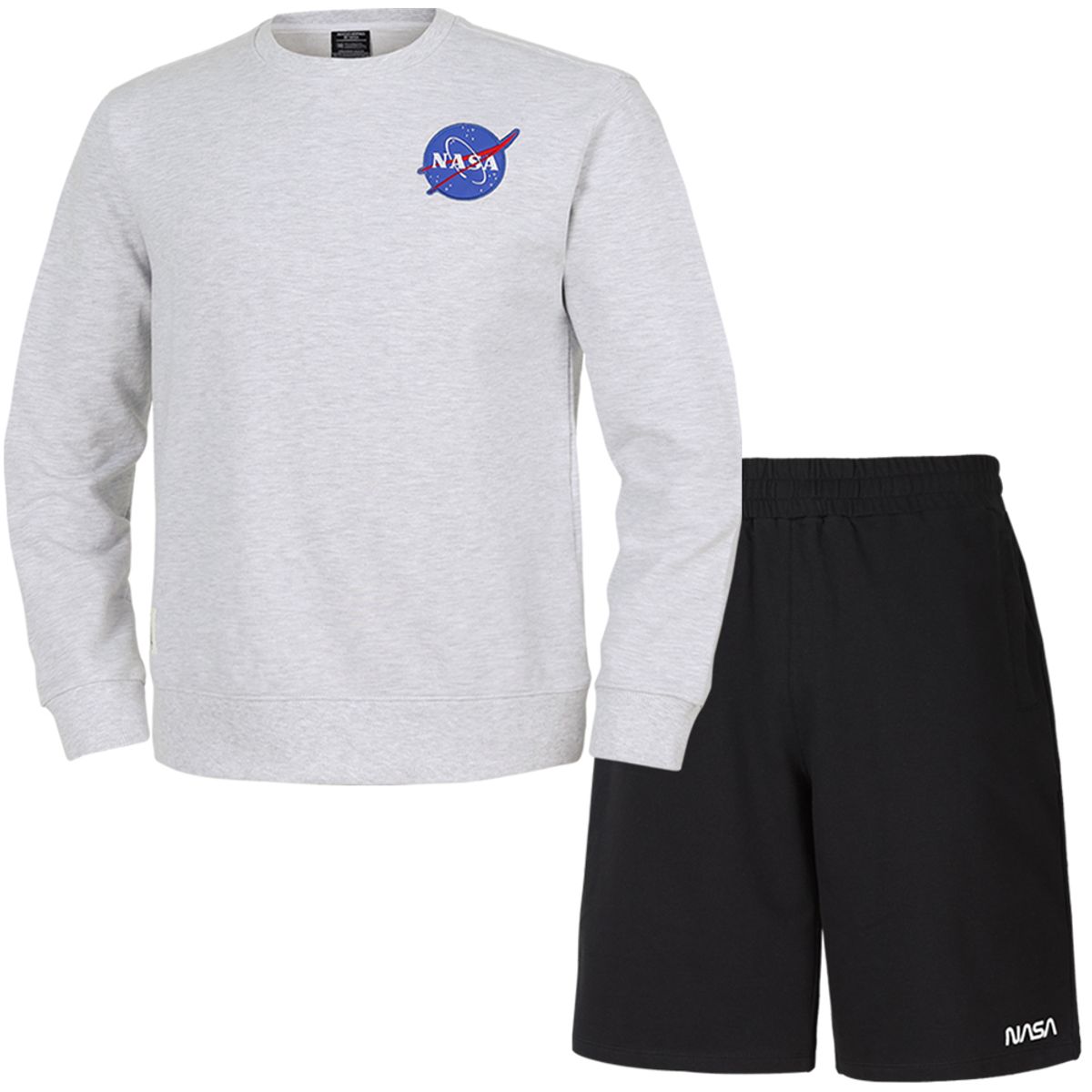 나사(NASA) 남녀공용 루즈핏 스웨트셔츠 와펜 맨투맨 +5부 면반바지 상하세트 [멜란지화이트+블랙]