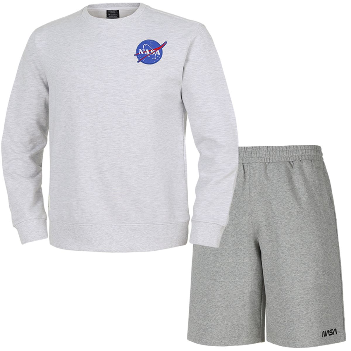 나사(NASA) 남녀공용 루즈핏 스웨트셔츠 와펜 맨투맨 +5부 면반바지 상하세트 [멜란지화이트+라이트멜란지]