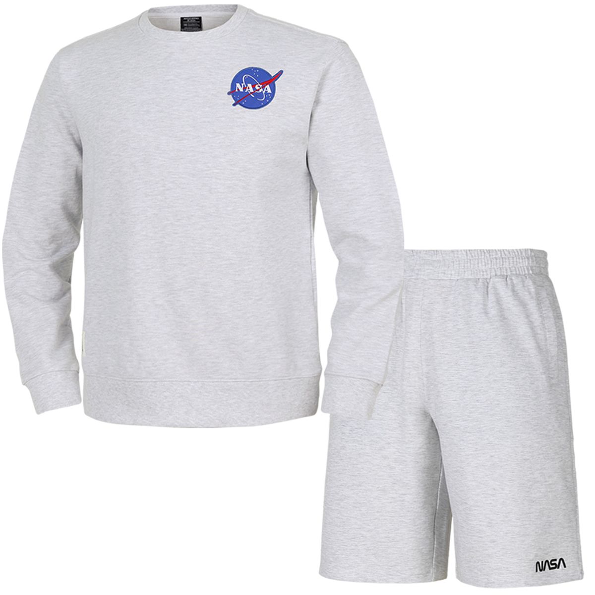 나사(NASA) 남녀공용 루즈핏 스웨트셔츠 와펜 맨투맨 +5부 면반바지 상하세트 [멜란지화이트]