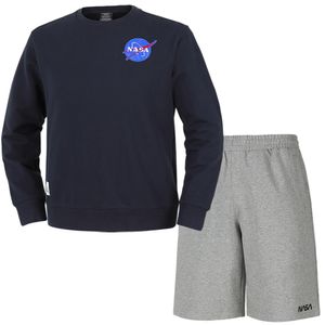 남녀공용 루즈핏 스웨트셔츠 와펜 맨투맨 +5부 면반바지 상하세트 [네이비+라이트멜란지]