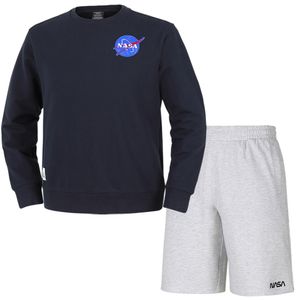 남녀공용 루즈핏 스웨트셔츠 와펜 맨투맨 +5부 면반바지 상하세트 [네이비+멜란지화이트]