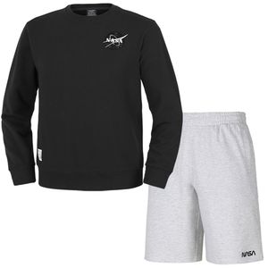 남녀공용 루즈핏 스웨트셔츠 와펜 맨투맨 +5부 면반바지 상하세트 [블랙+멜란지화이트]