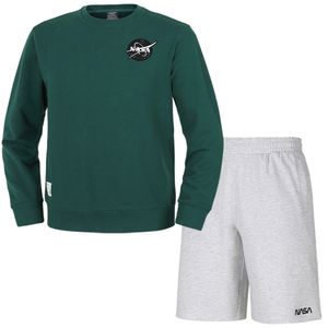 남녀공용 루즈핏 스웨트셔츠 와펜 맨투맨 +5부 면반바지 상하세트 [그린+멜란지화이트]