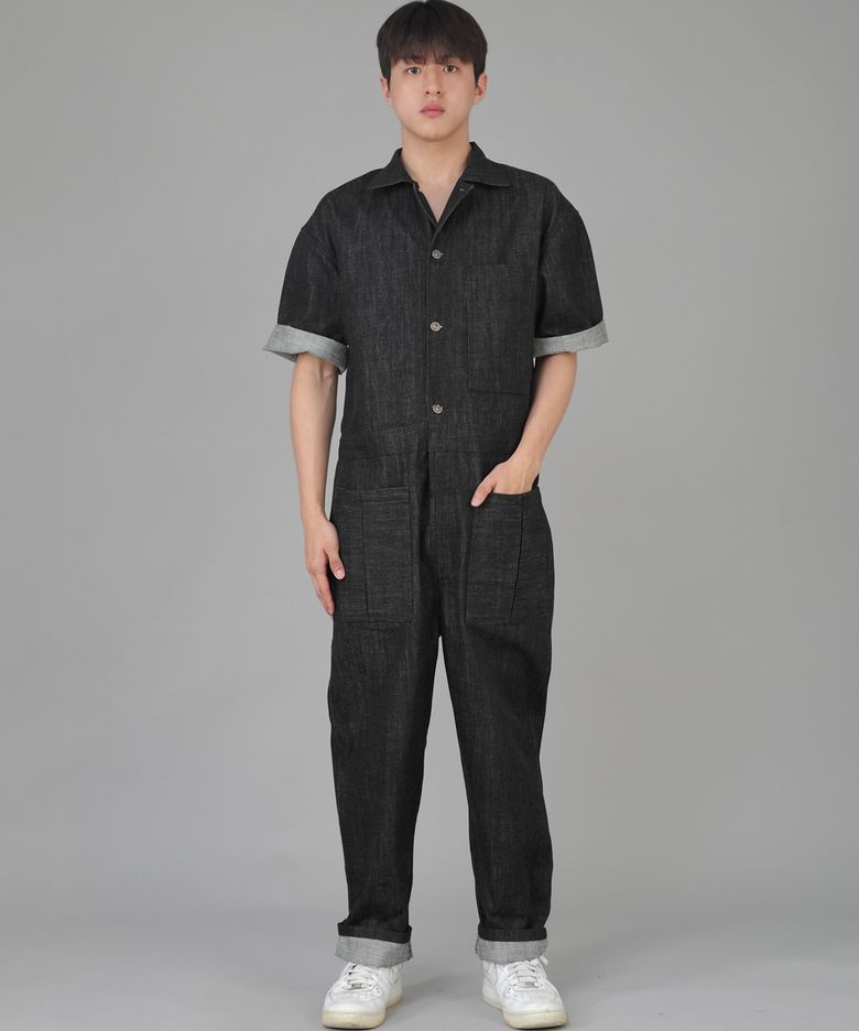 오버라운드 테이퍼드 반팔 카고 점프슈트 OT-502CS 데님 블랙
