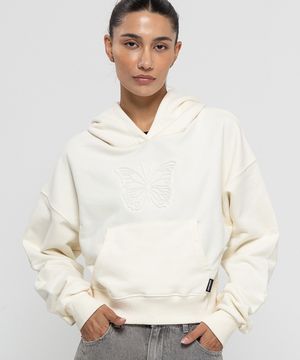 우먼즈 나비 엠보 프린팅 스웨트 크롭 후드티 [크림]
