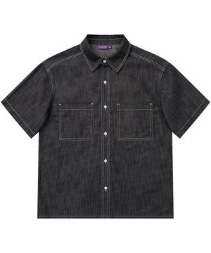 [여름][논페이드] 투 포켓 데님 워크 셔츠 반팔 - 블랙
