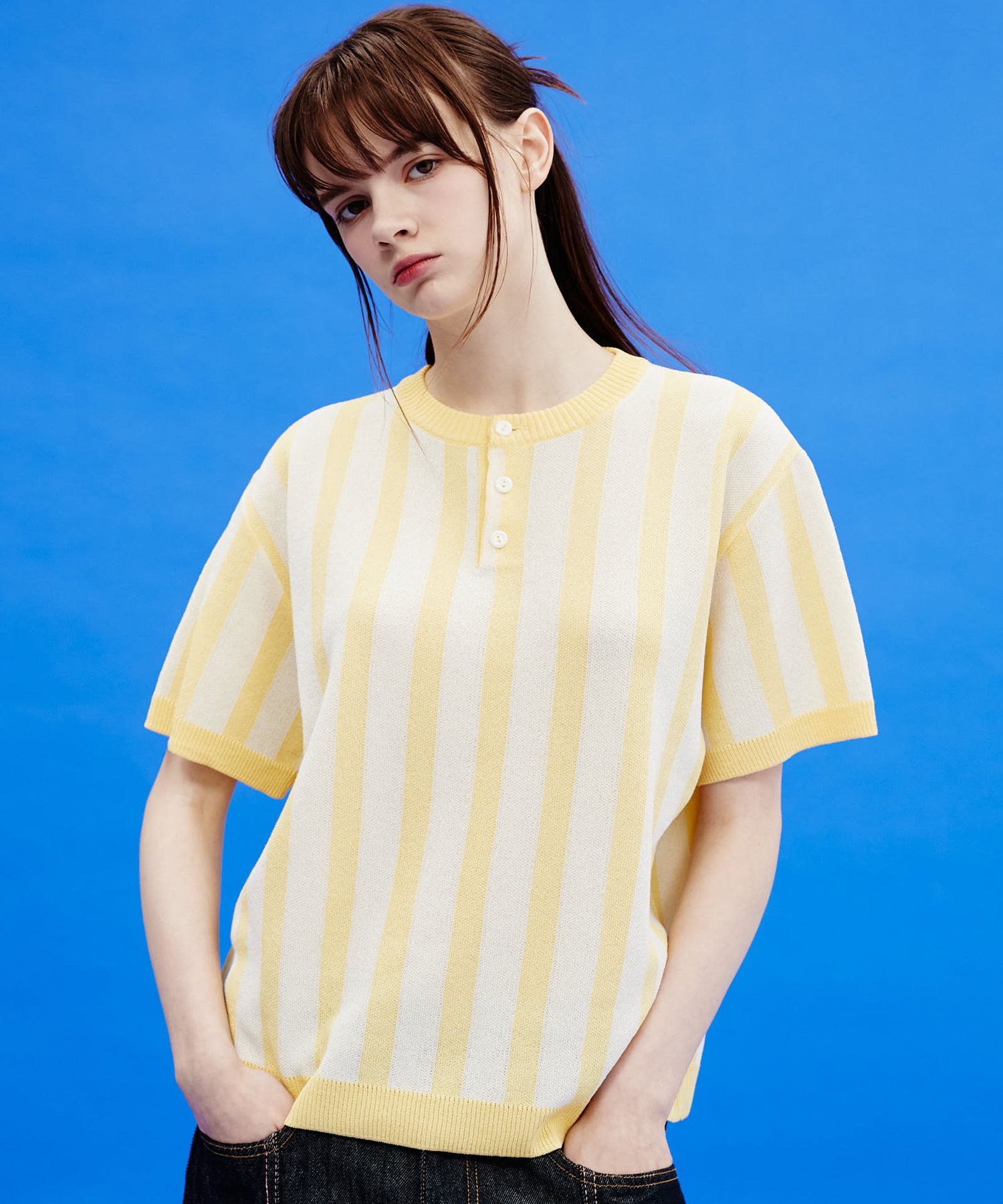 さらに100円引◆WAI KEI◆Stripe henley neck half sleeve knit MUSINSA | WAI KEI Stripe Henley Neck Short Sleeve Knit Light
