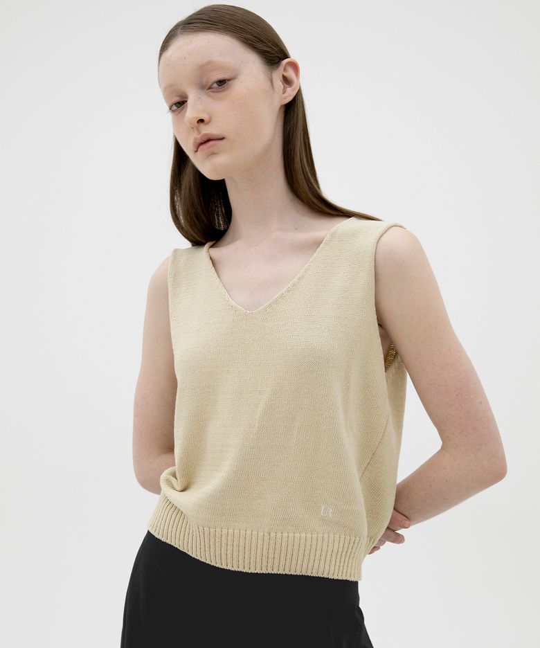 V-neck Cotton Knit Vest - Beige