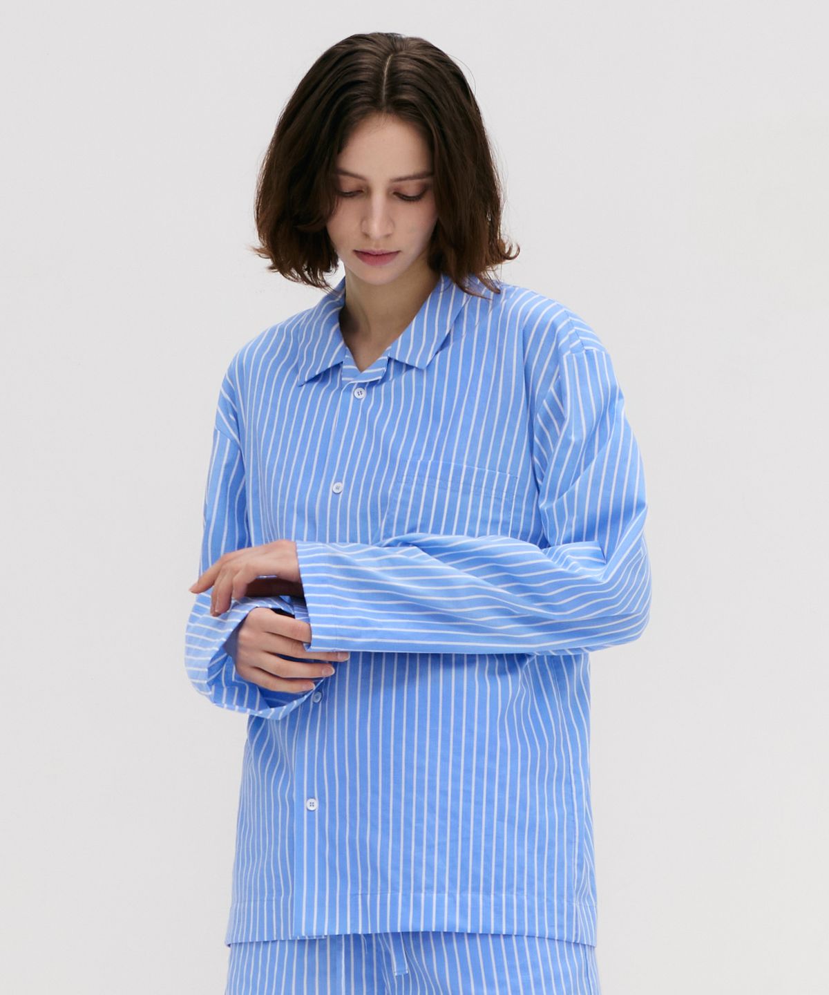 레이지지(LAZYZ) Stay Stripe Pajamas Long Sleeve Shirts - Light Blue
