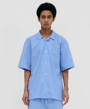 Stay Stripe Pajamas Short Sleeve Shirts - Light Blue