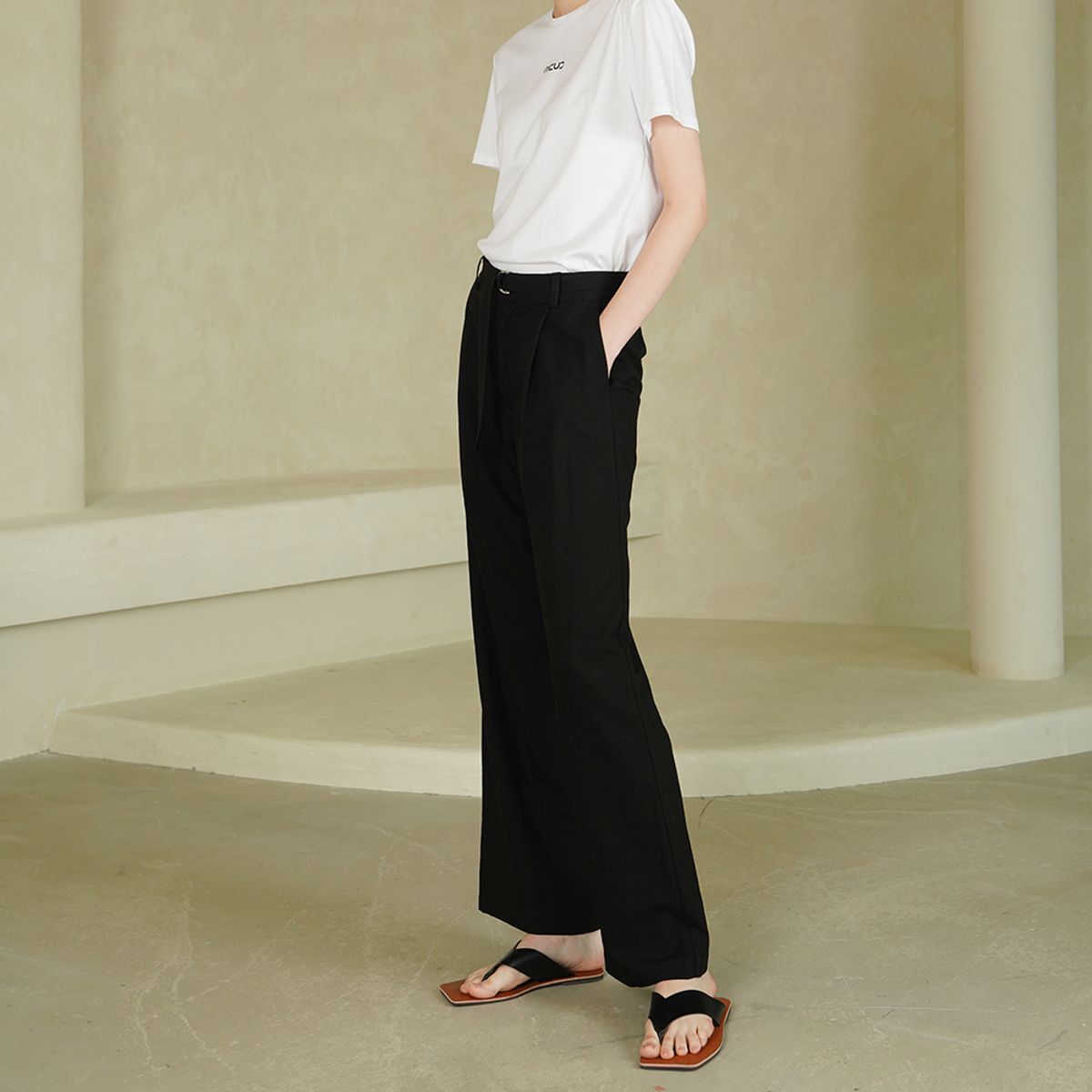 아쿠드(ACUD) Linen Pintuck Semi-Wide Slacks _ Black