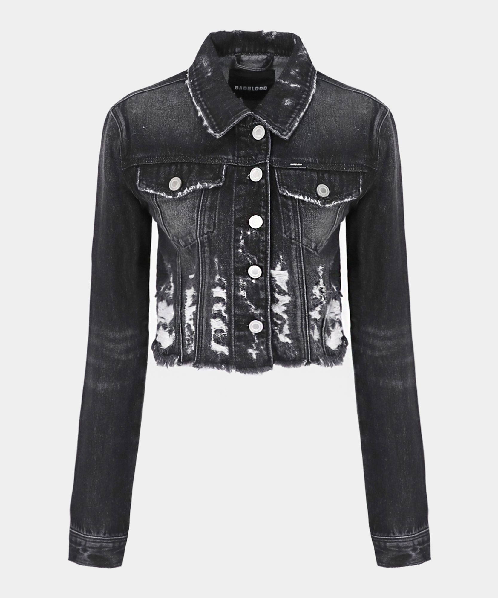 ★BADBLOOD★ Distressed crop denim jacket slim fit black w-j MUSINSA | BADBLOOD Distressed Cropped Denim Jacket Slim Fit