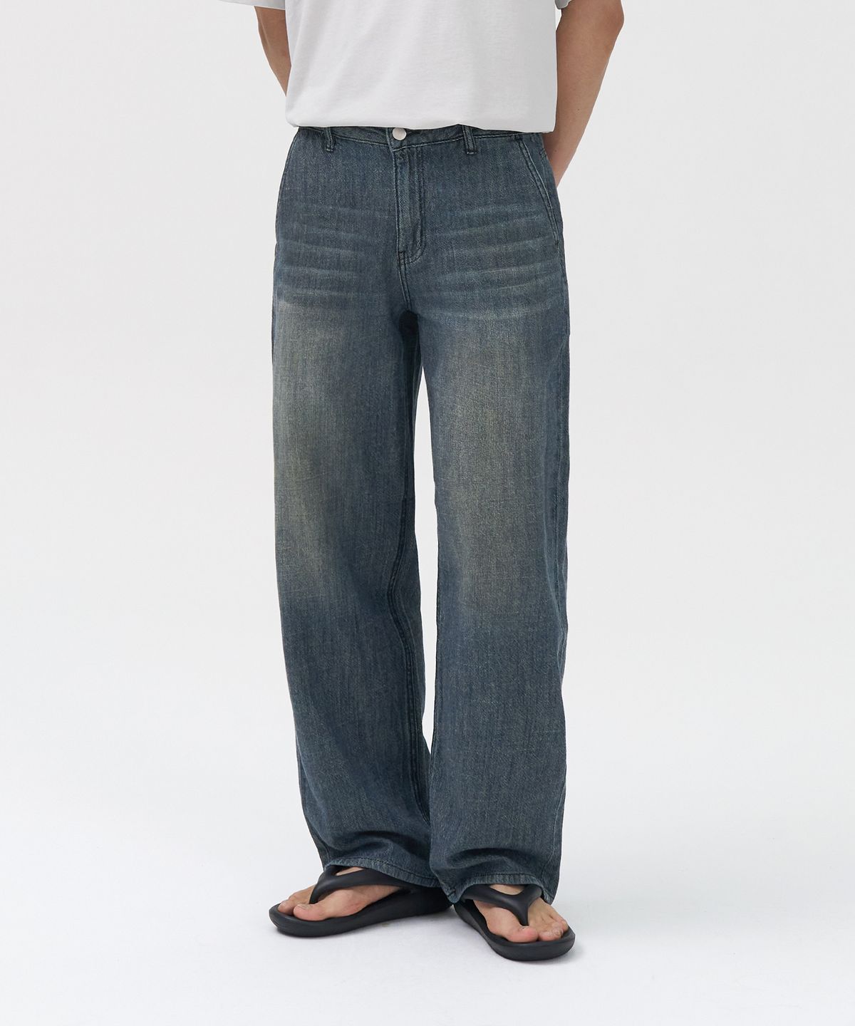 토피(TOFFEE) 내츄럴 린넨 데님 와이드 팬츠 (VINTAGE WASHED INDIGO)