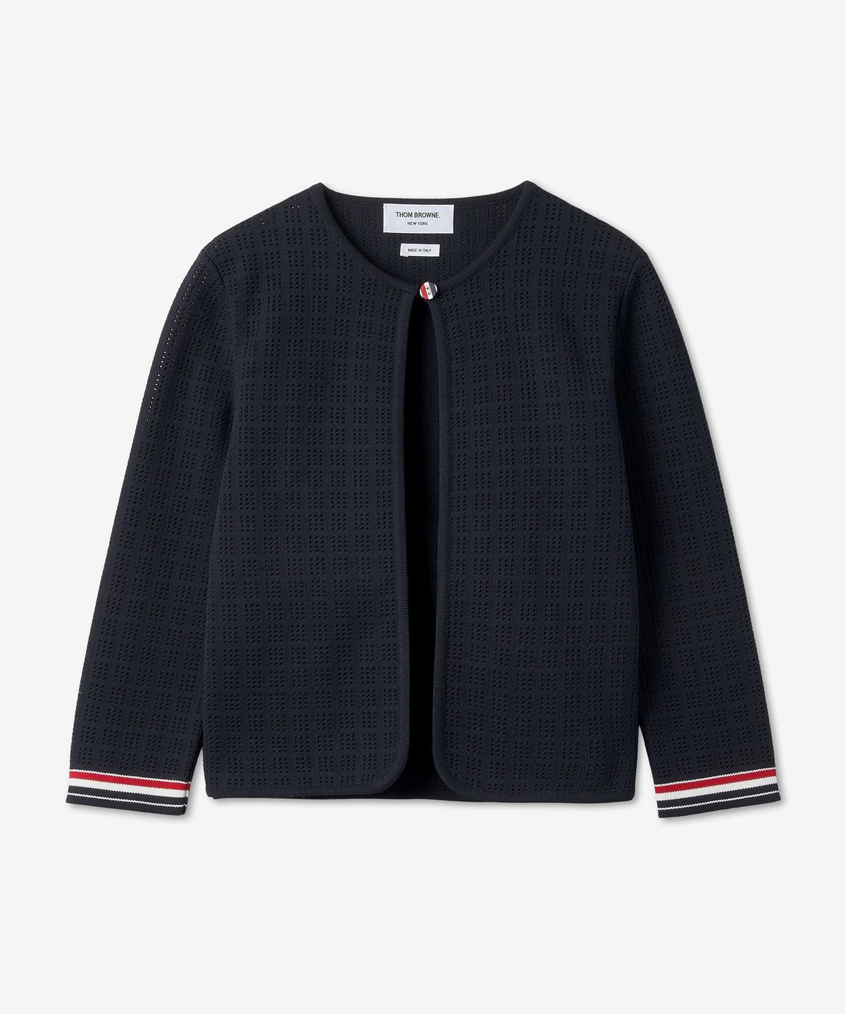 톰 브라운(THOM BROWNE) 그리드 스티치 포인텔 크롭 크루넥 카디건 - 네이비 / FKC506AY3010415