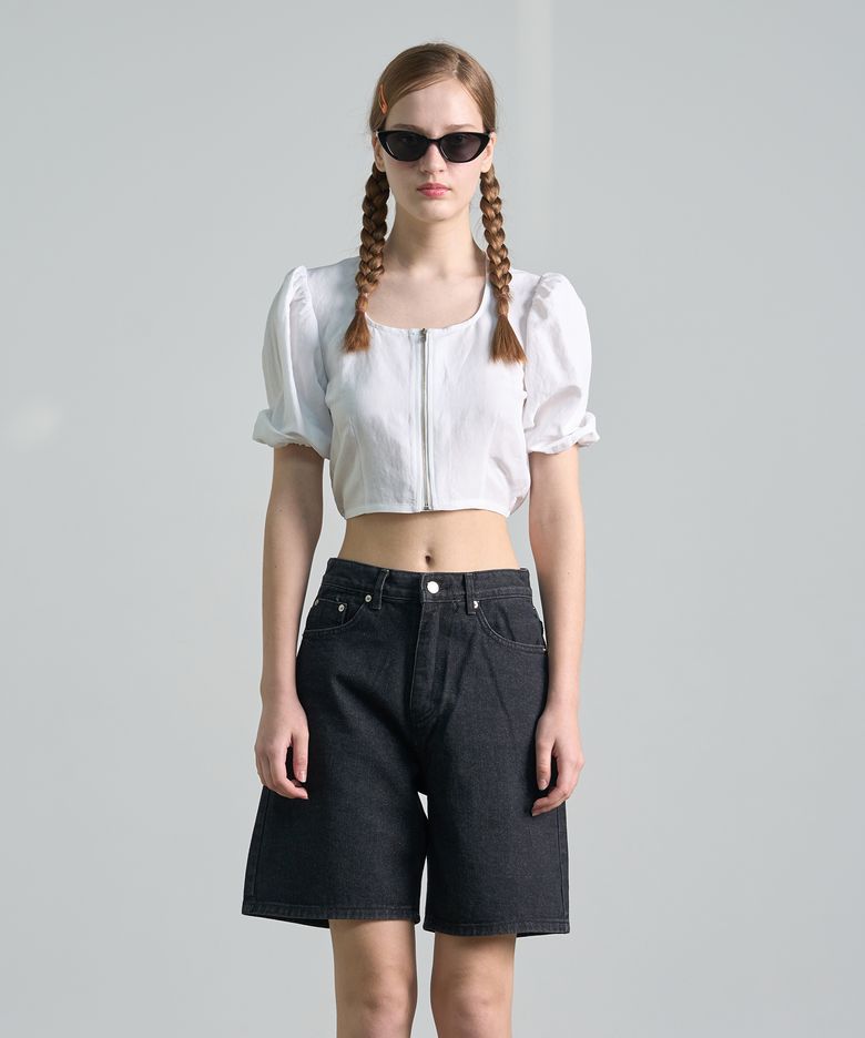 Linen Puff Zipper Crop Blouse  Ivory