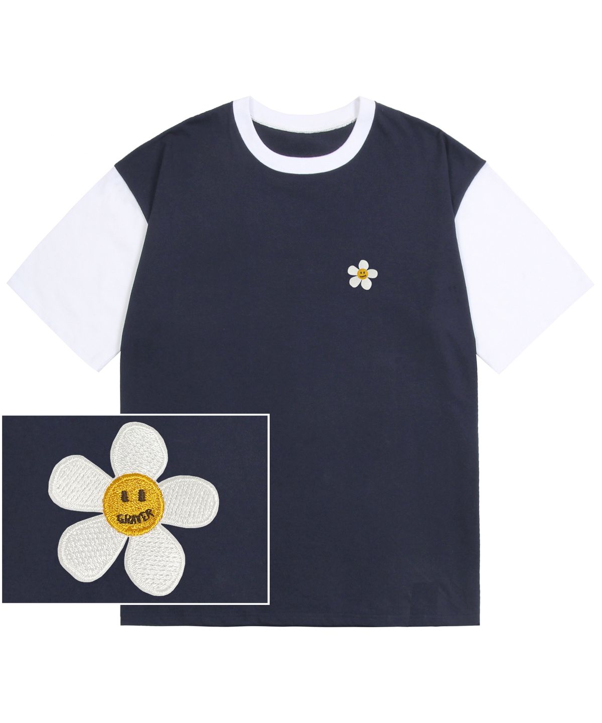 그레이버(GRAVER) [UNISEX]플라워도트 자수 배색 반팔티_네이비