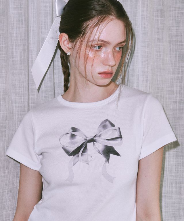 MUSINSA | RONRON DOUBLE RIBBON SLIM CROP T SHIRT WHITE SILVER