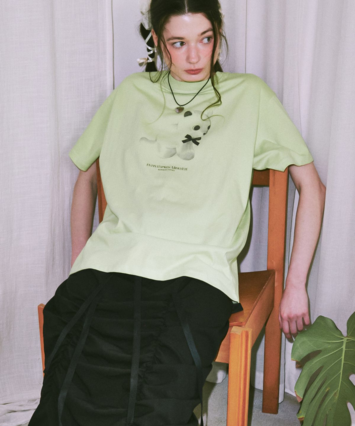 론론(RONRON) KITTEN RIBBON T SHIRT LIME